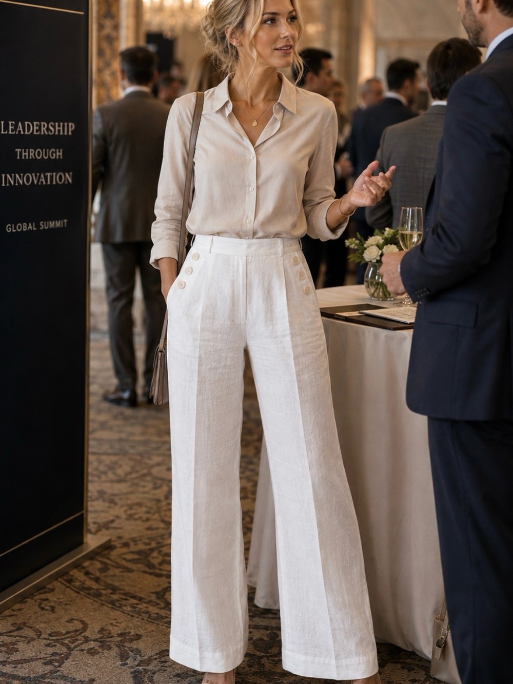 Max Studio Cream High-Rise Wide-Leg Linen Trousers